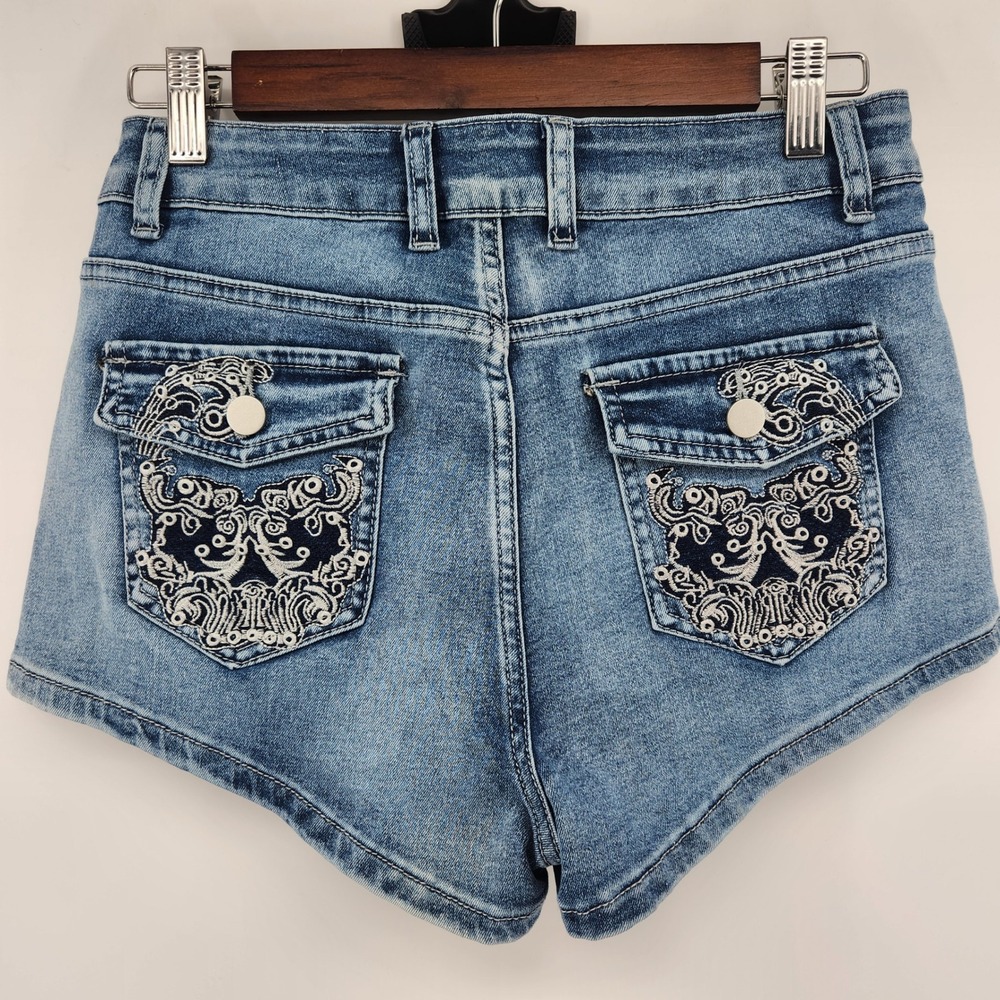 Romwe Womens High Waisted Embroidered Denim Shorts Blue Bling Western